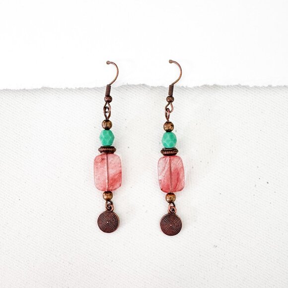 Handmade Jewelry - Handmade Cherry Quartz & Copper Dangle Earrings